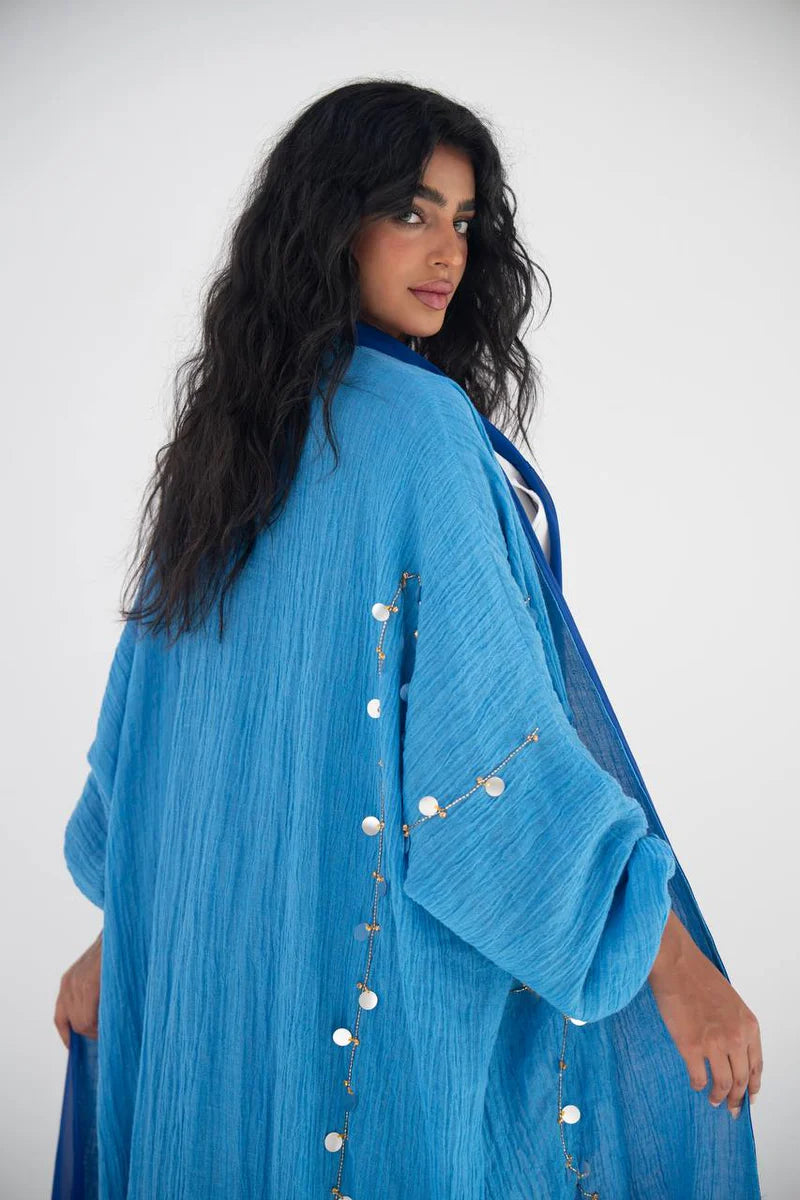 Blue linen abaya with hand embroidery C:6647 (Free size)