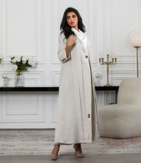 Beige linen blazer abaya C:6489 Beige