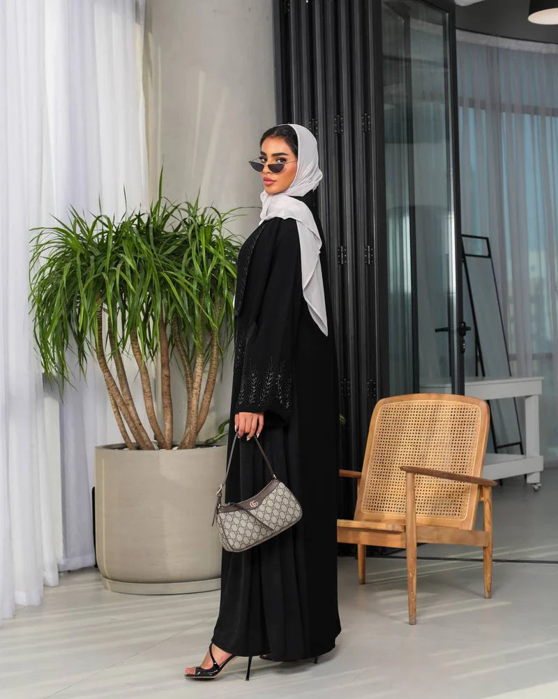 Crepe fabric abaya with hand doubt C:6493 Black