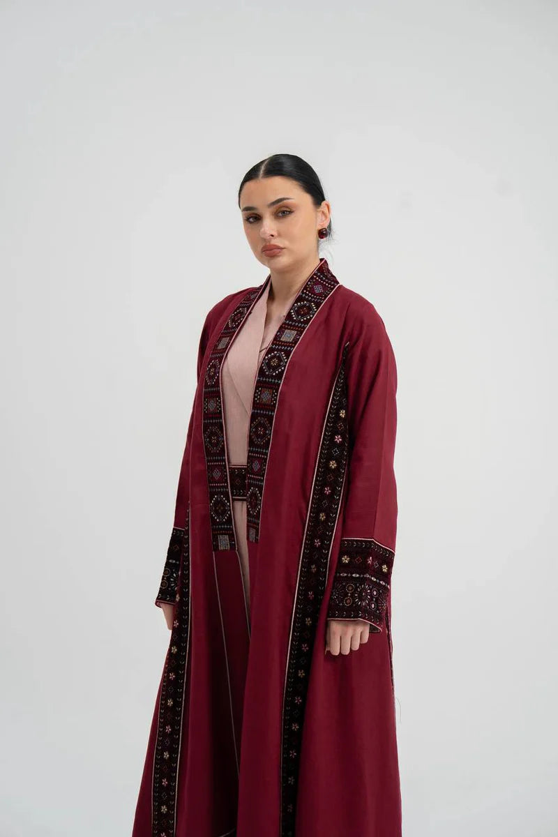 Red linen abaya with embroidery. C:6746