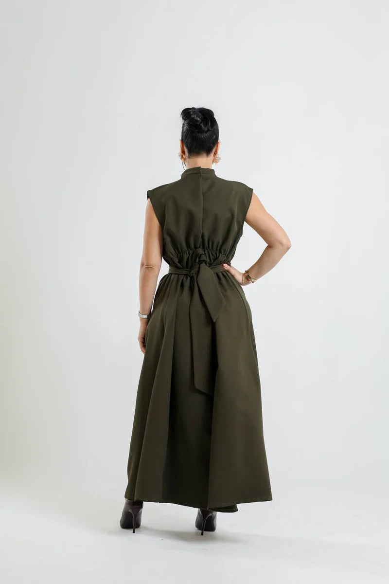 crepe dress in olive green. C:198 Green