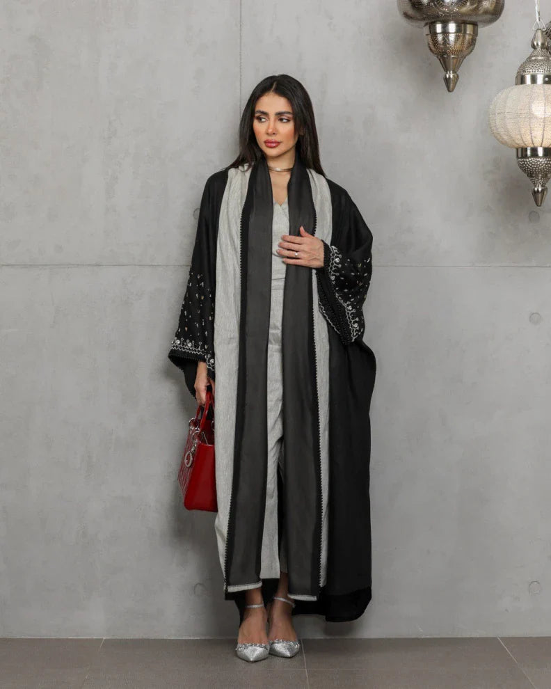 Black linen abaya with hand embroidery C:6453black