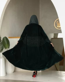 ABAYA VELVET GREEN WITH HAND MADE BEADS C:6314