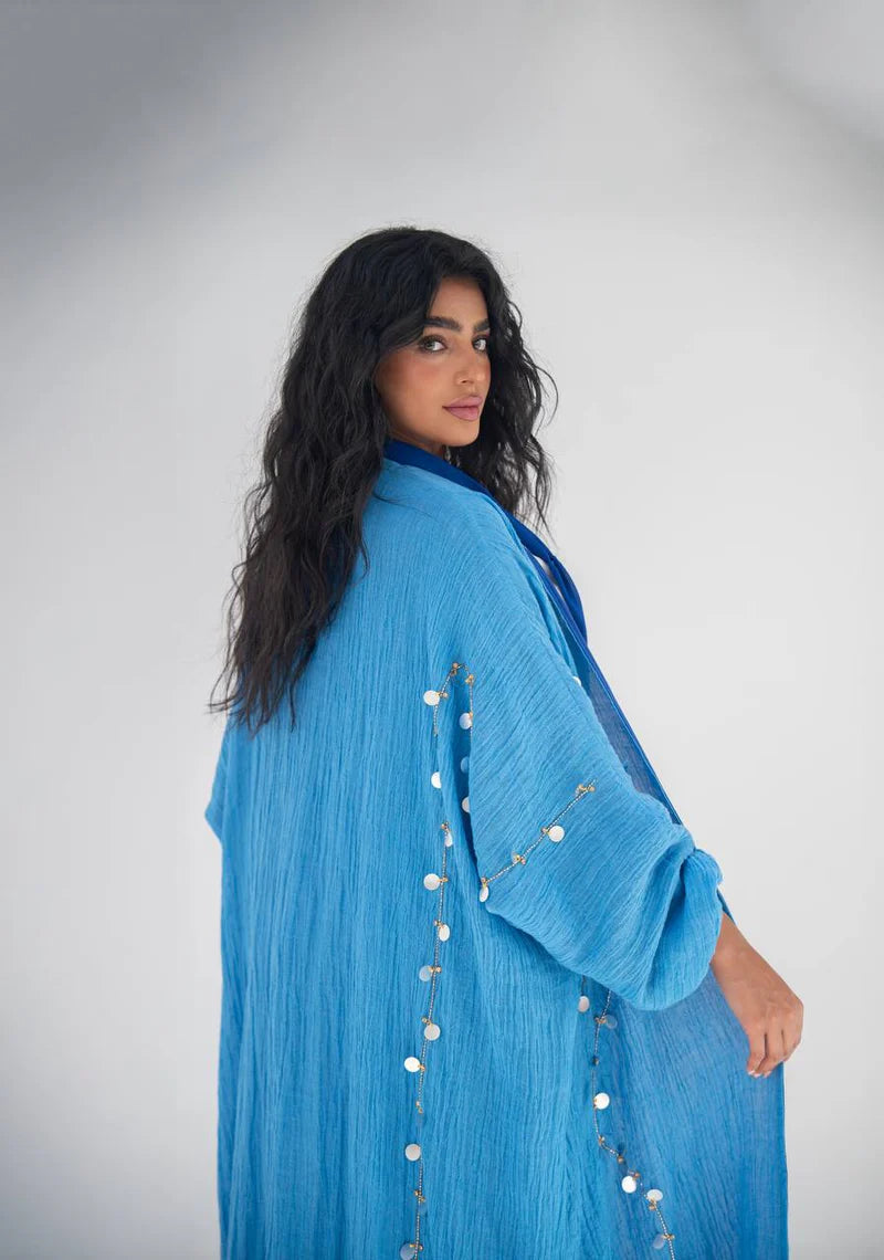 Blue linen abaya with hand embroidery C:6647 (Free size)