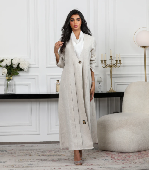Beige linen blazer abaya C:6489 Beige