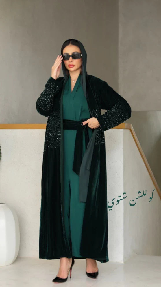 ABAYA VELVET GREEN WITH HAND MADE BEADS C:6314