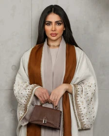 عباية من الكتان البيج بتصميم جملي مطرز C: 6453beage 