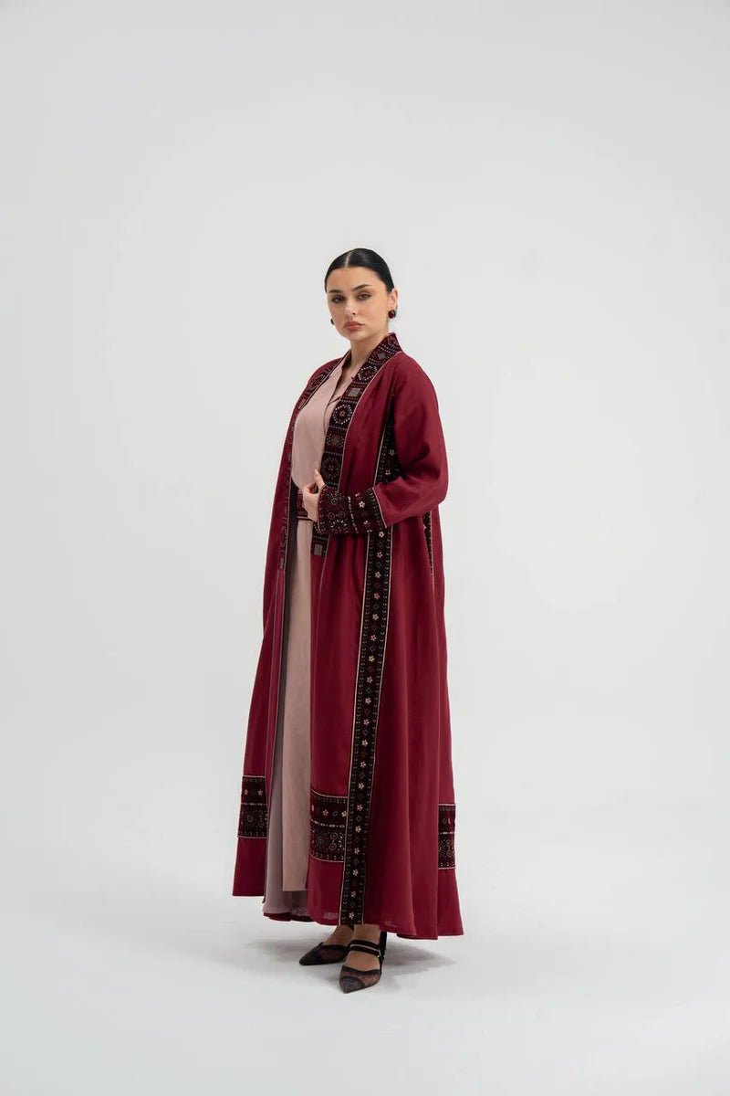 Red linen abaya with embroidery. C:6746