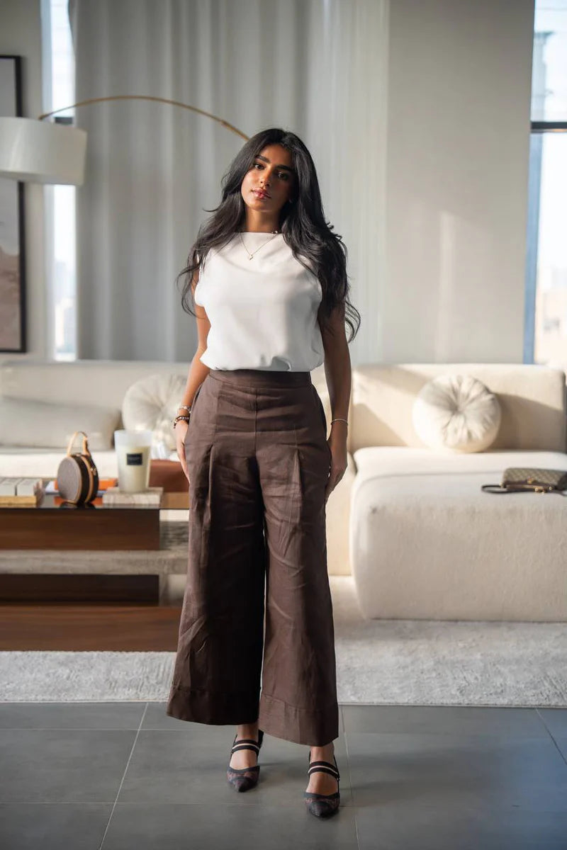 White crepe blouse set with brown linen pants.C:216