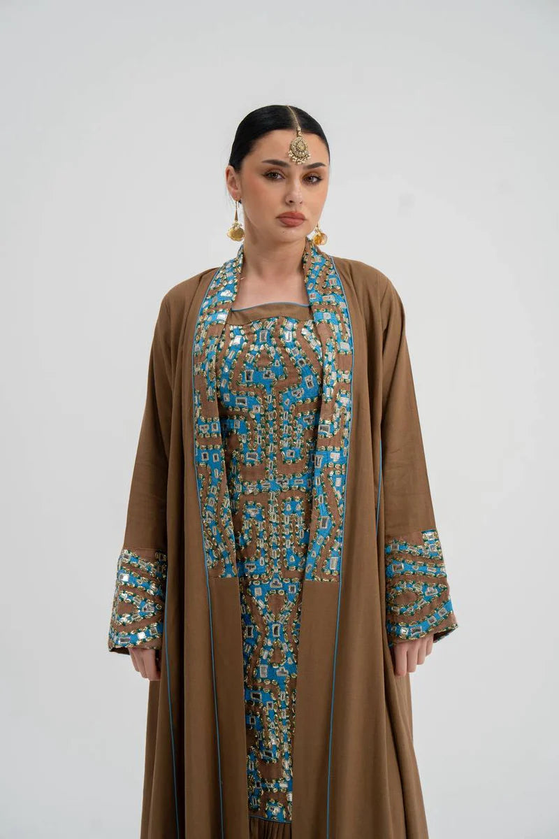 Linen abaya with embroidery (with inner set). C:6743