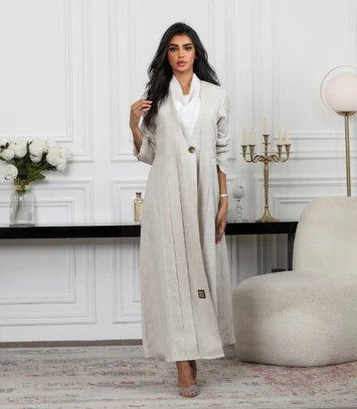 Beige linen blazer abaya C:6489 Beige