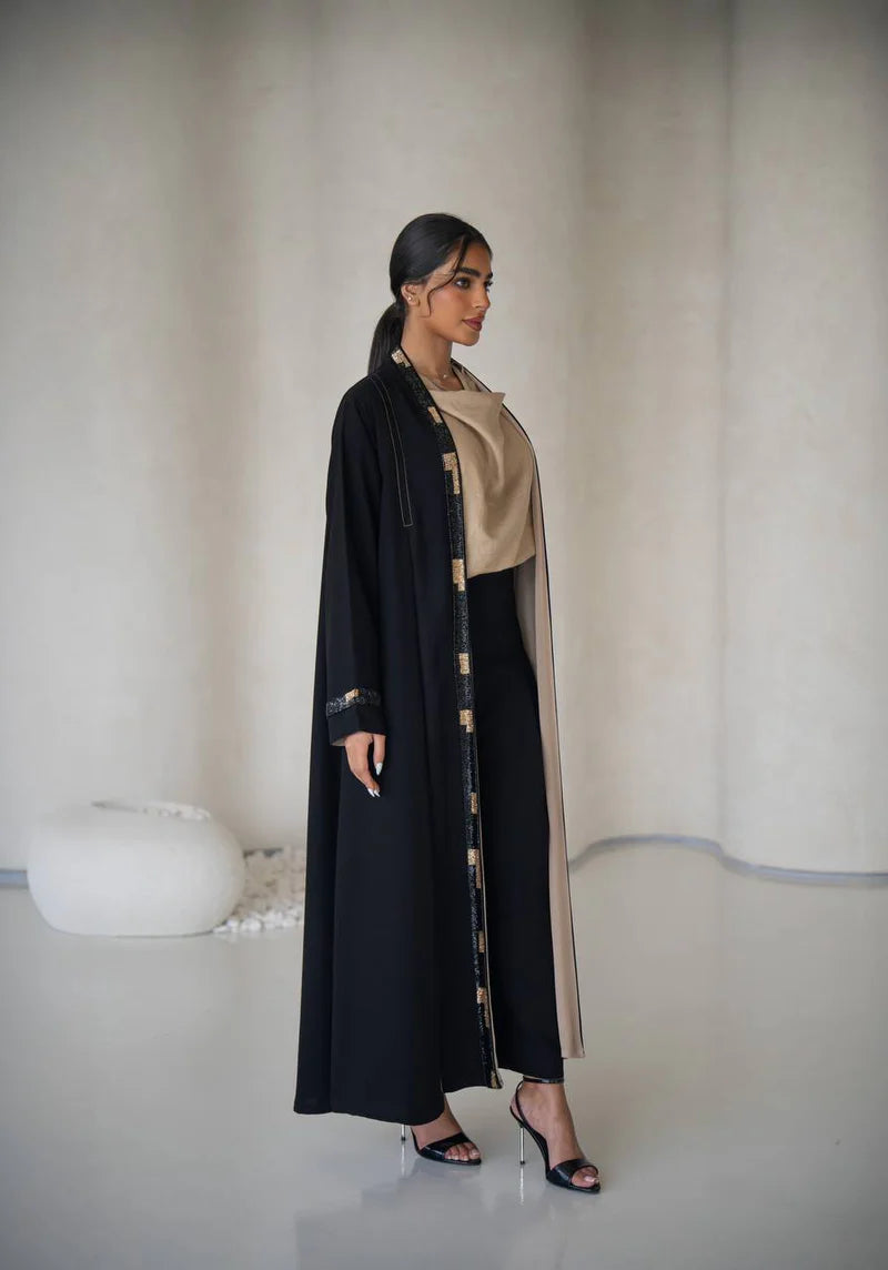 Black crepe abaya with inner set C:6640 Black