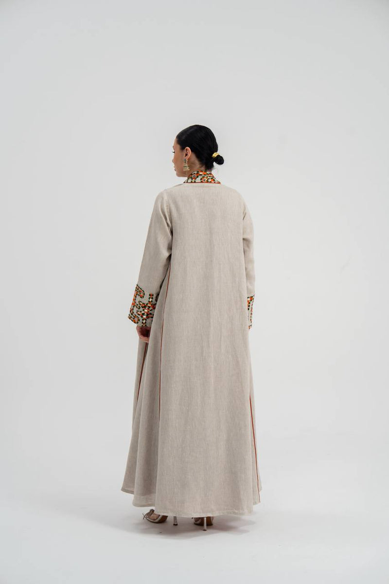 Linen abaya in light beige with embroidery. C:6743