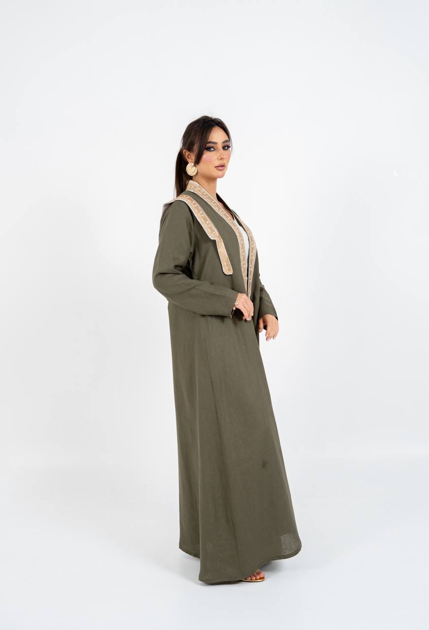 Linen abaya in olive green with embroidery