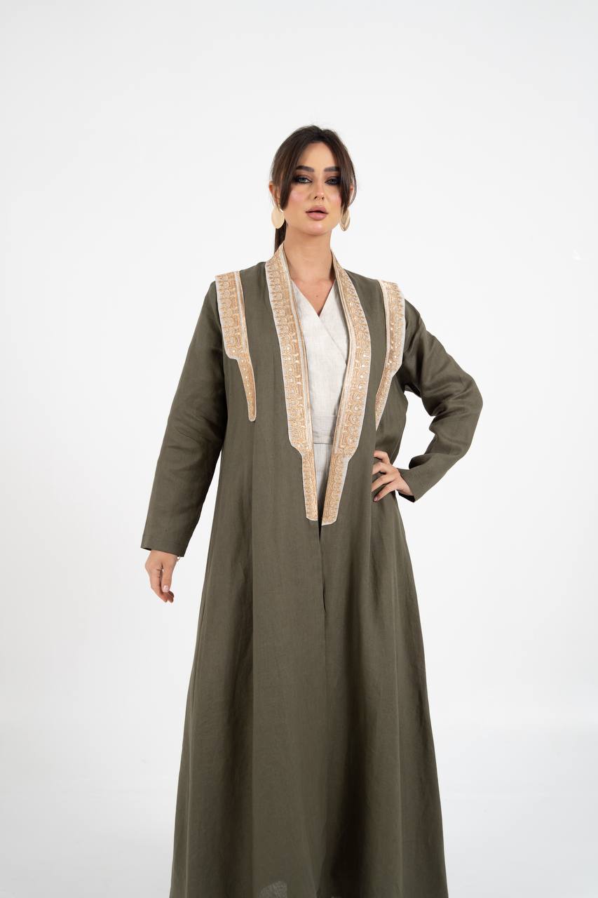 Linen abaya in olive green with embroidery