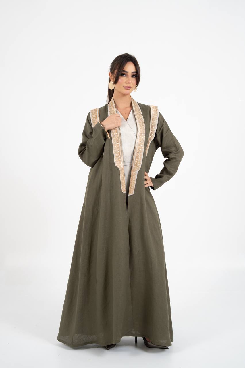 Linen abaya in olive green with embroidery