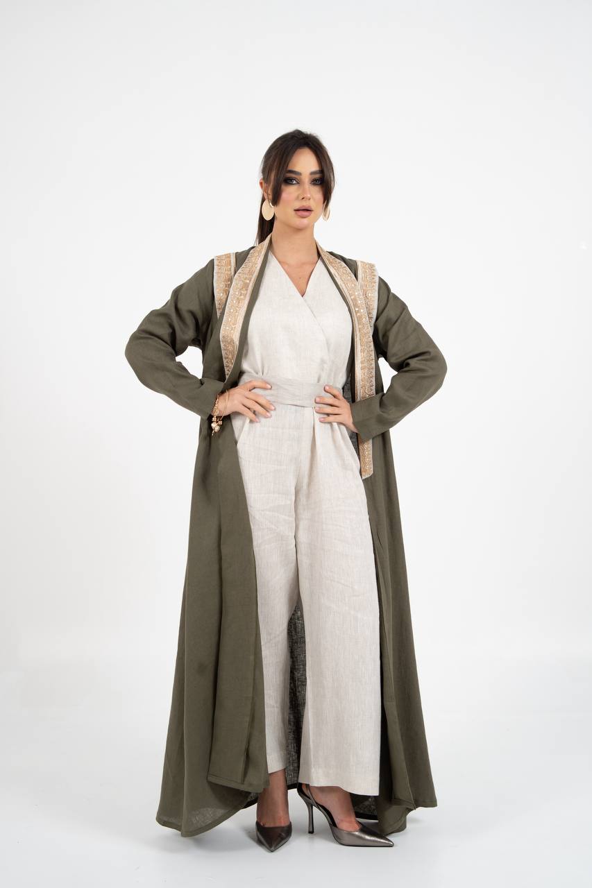 Linen abaya in olive green with embroidery