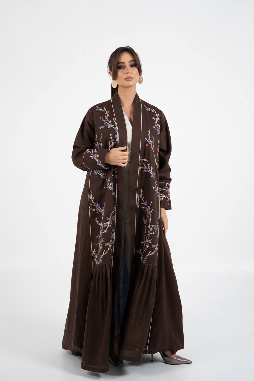 Linen abaya in brown with embroidery