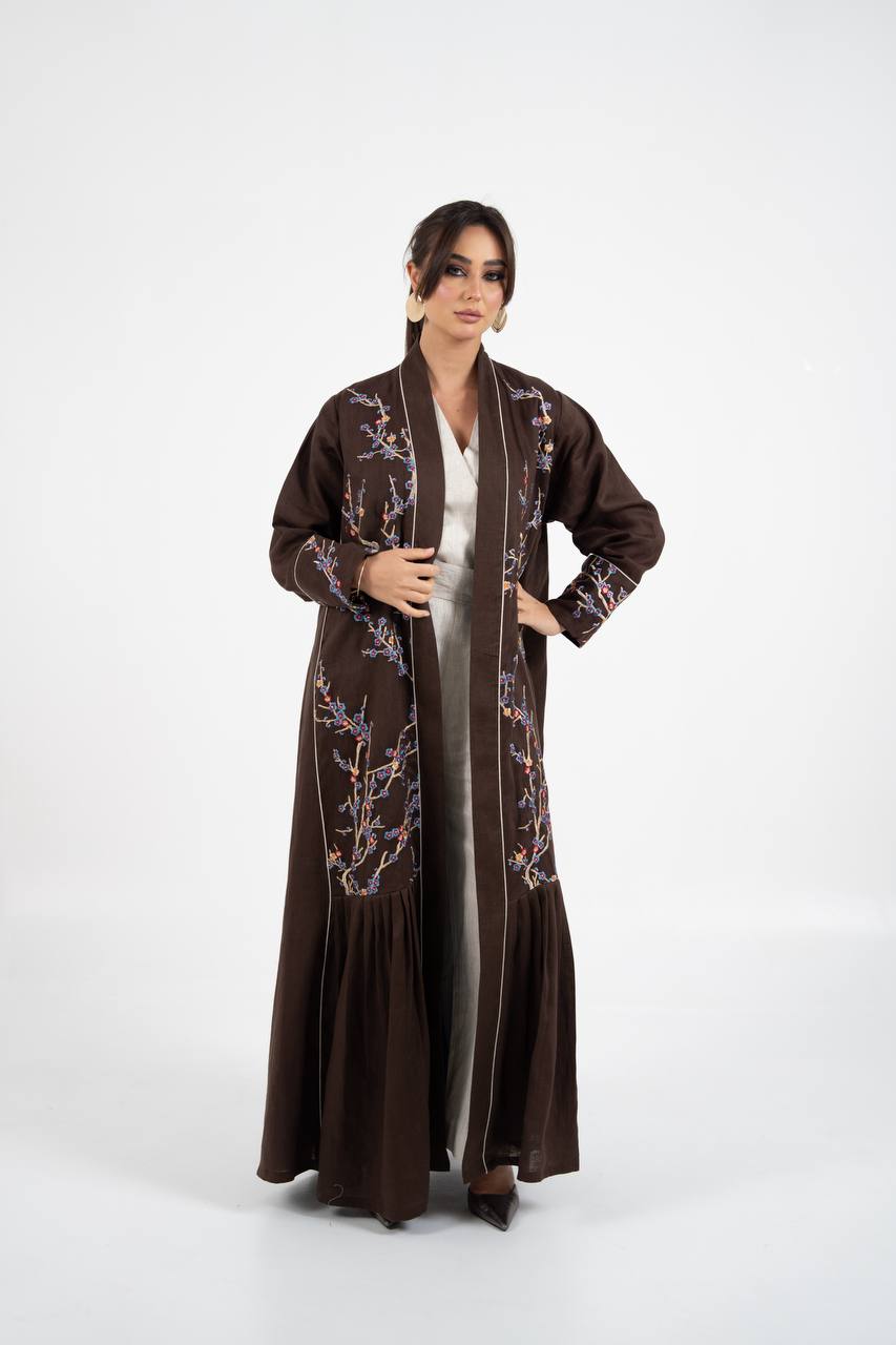 Linen abaya in brown with embroidery