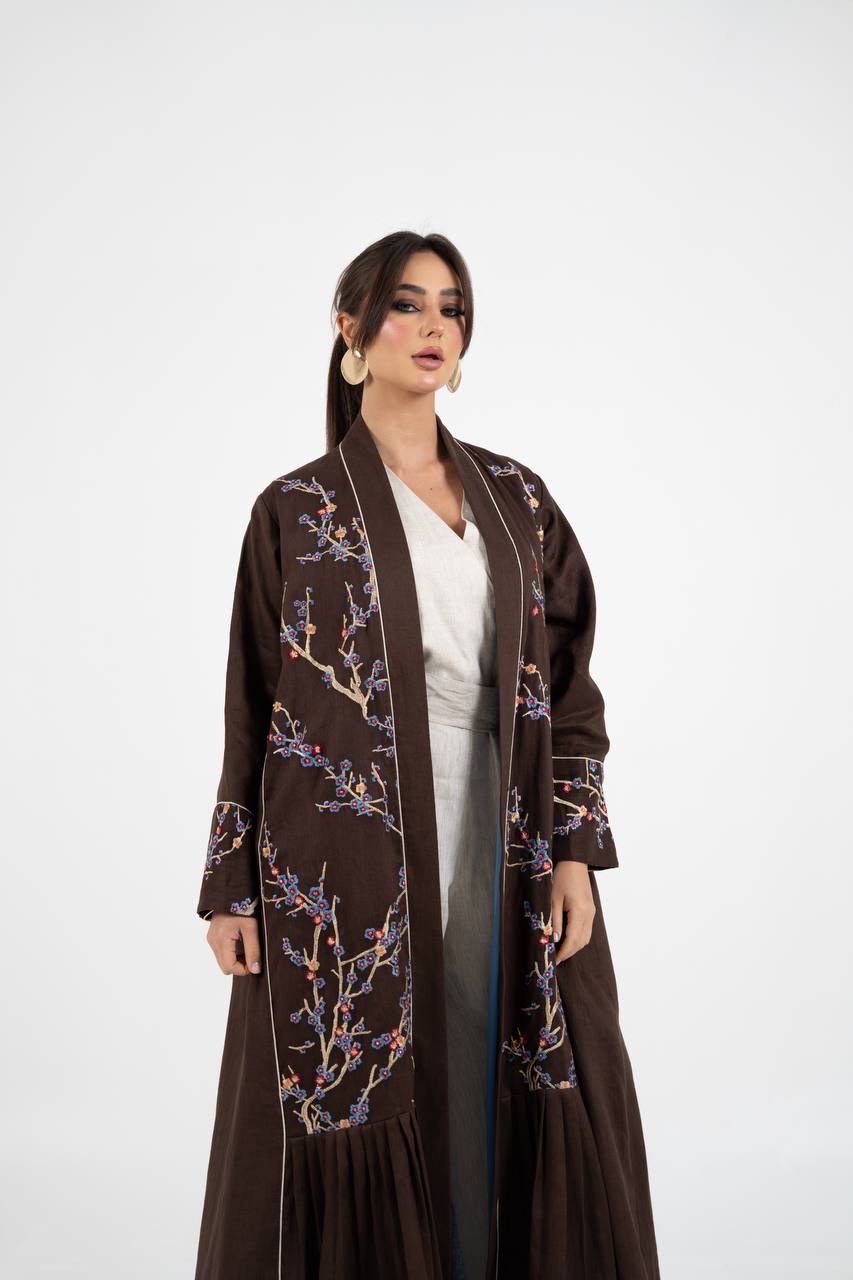 Linen abaya in brown with embroidery