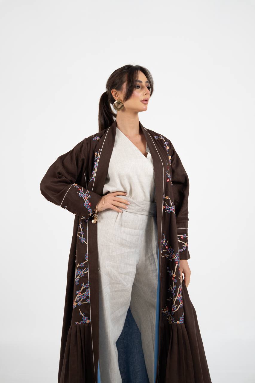 Linen abaya in brown with embroidery