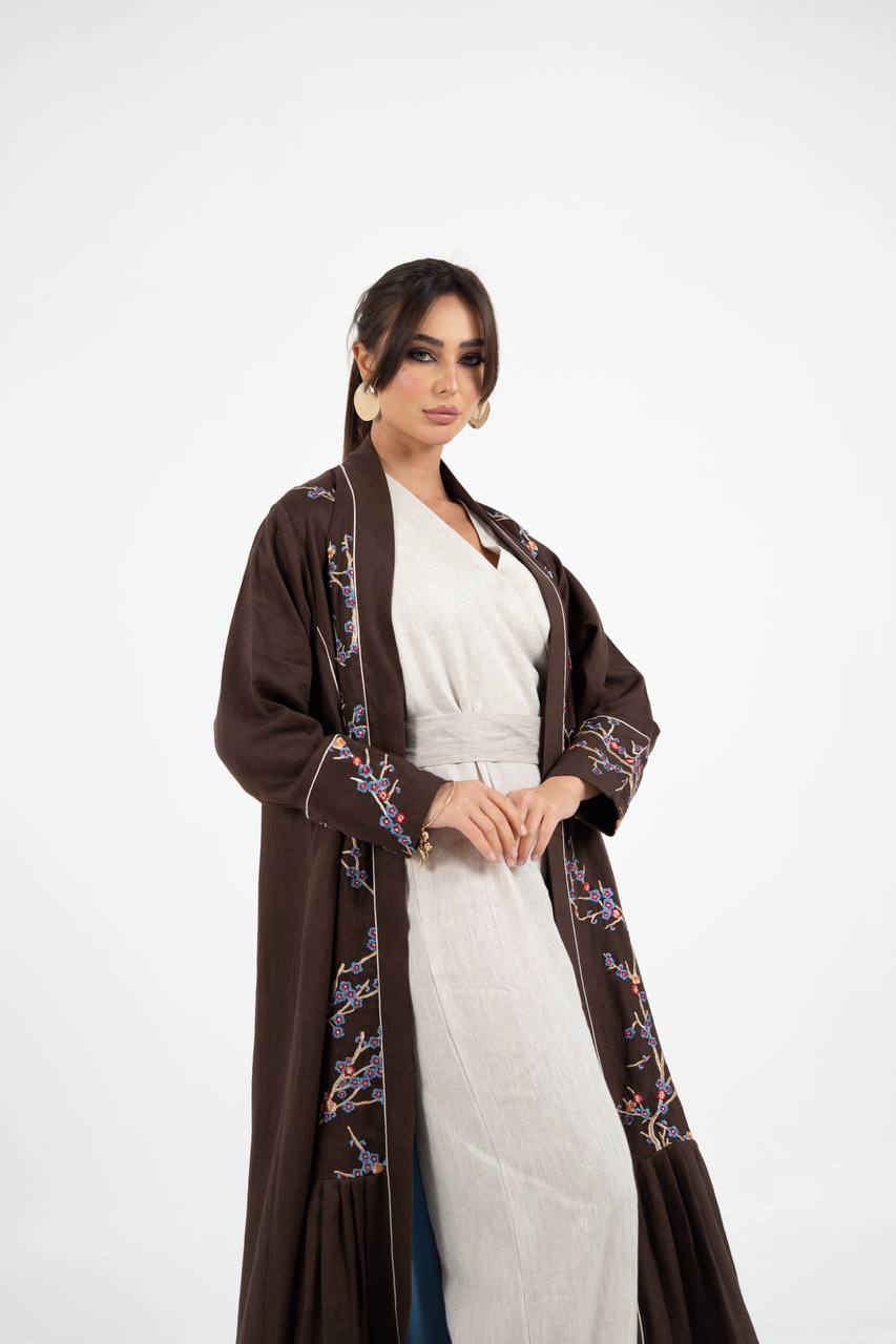 Linen abaya in brown with embroidery