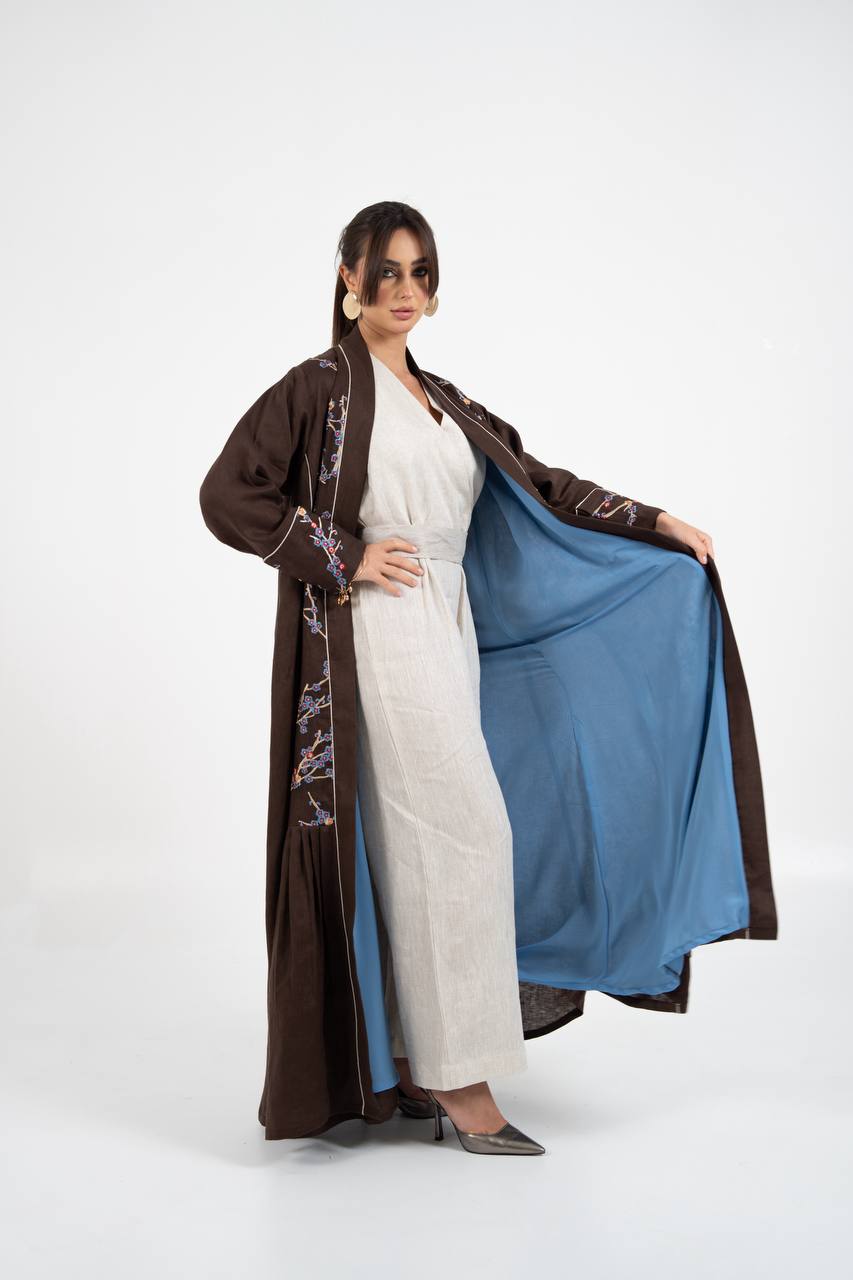 Linen abaya in brown with embroidery