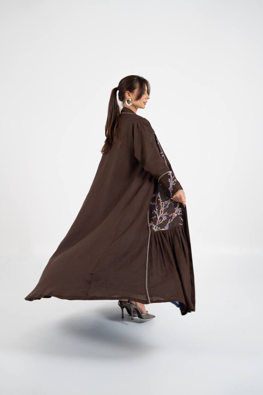 Linen abaya in brown with embroidery