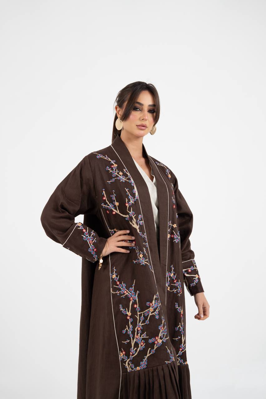Linen abaya in brown with embroidery