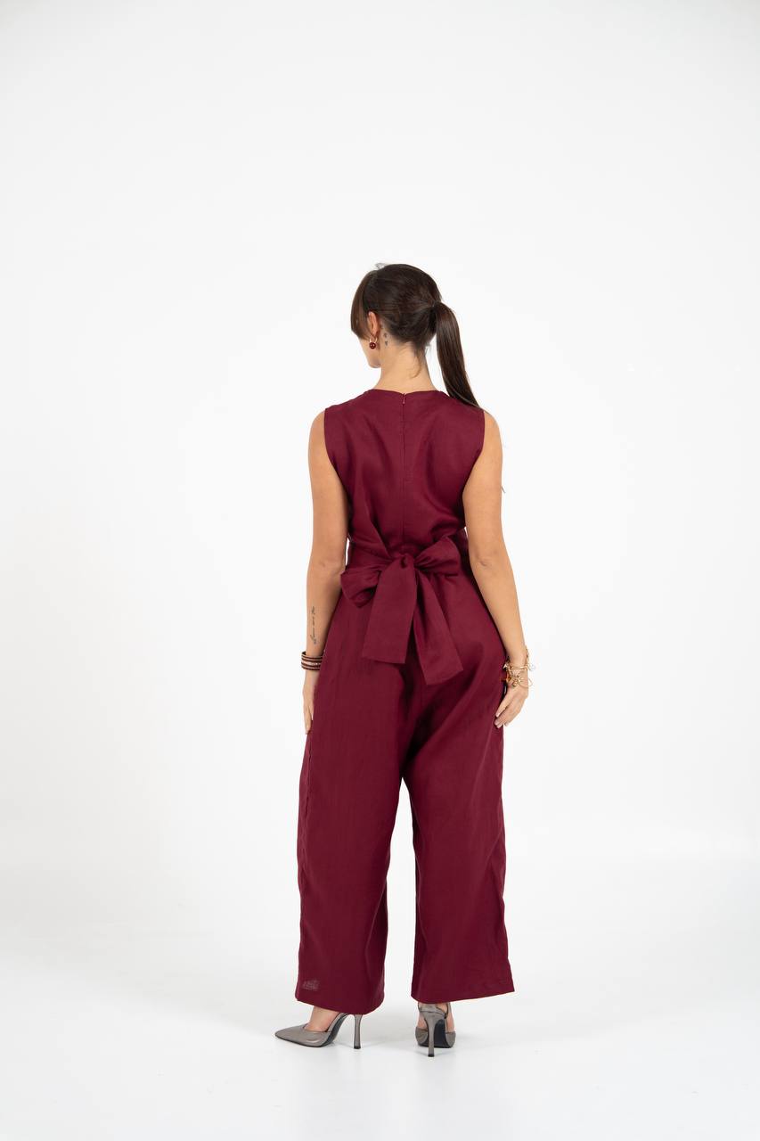 Burgundy crepe jumpsuit.