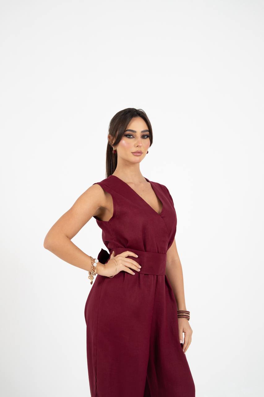 Burgundy crepe jumpsuit.