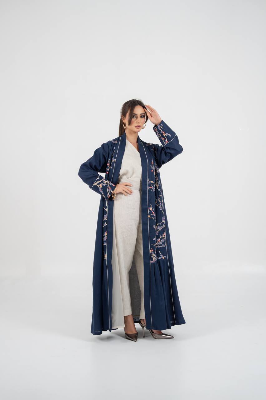 Linen abaya in navy blue with embroidery
