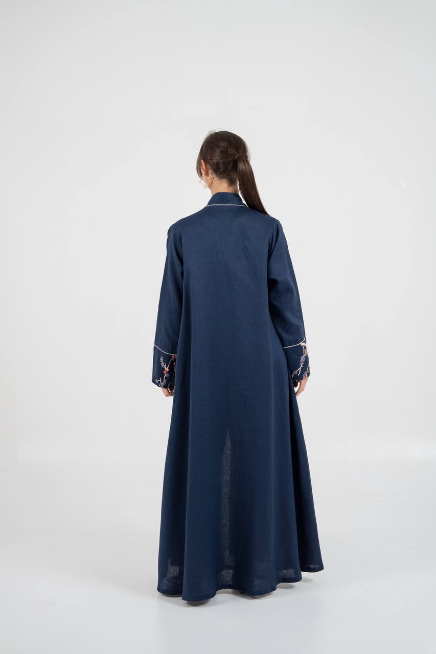Linen abaya in navy blue with embroidery