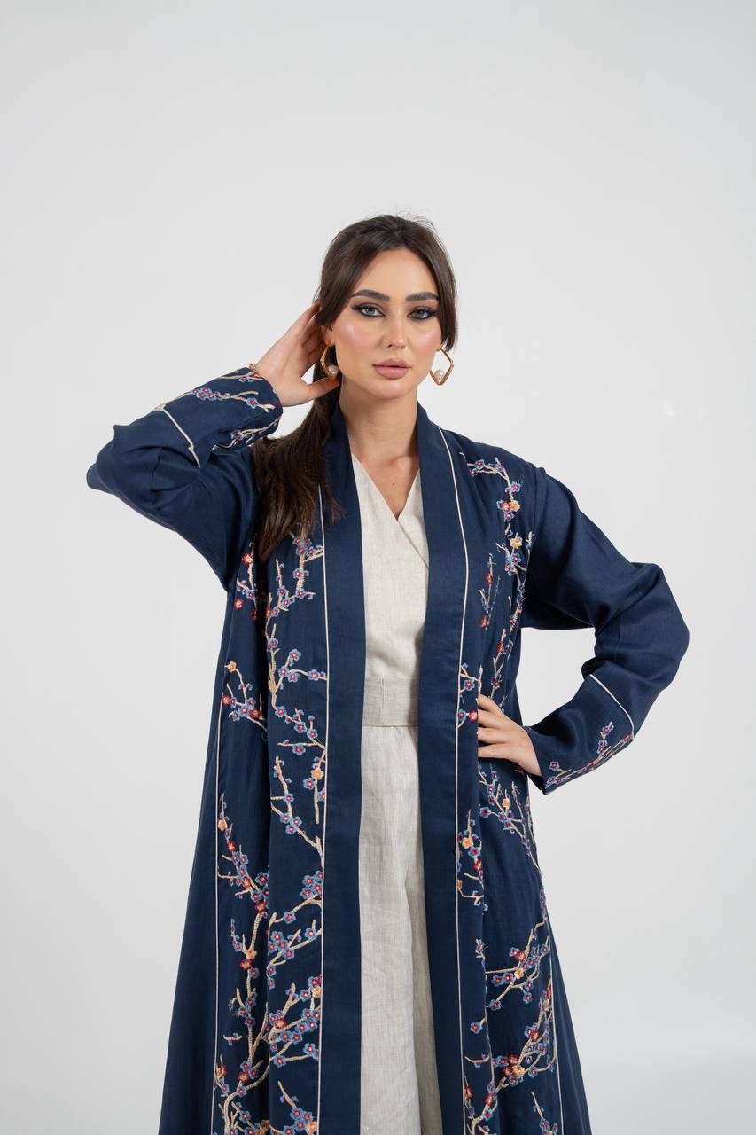 Linen abaya in navy blue with embroidery
