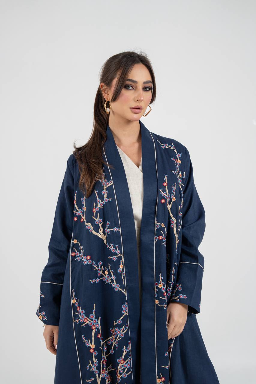 Linen abaya in navy blue with embroidery