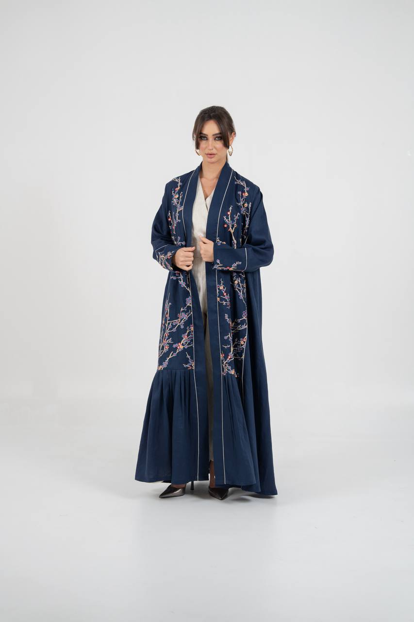 Linen abaya in navy blue with embroidery