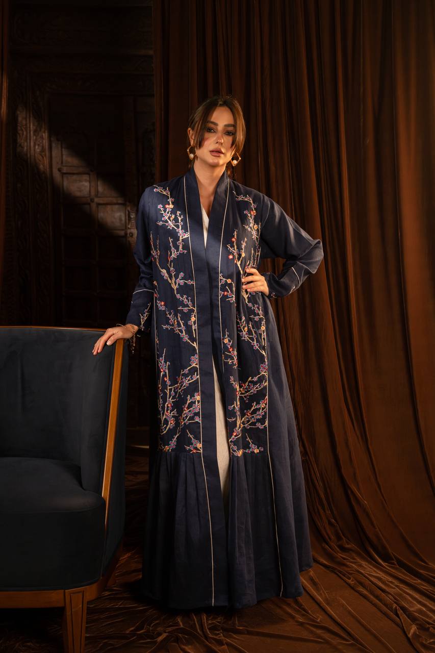 Linen abaya in navy blue with embroidery