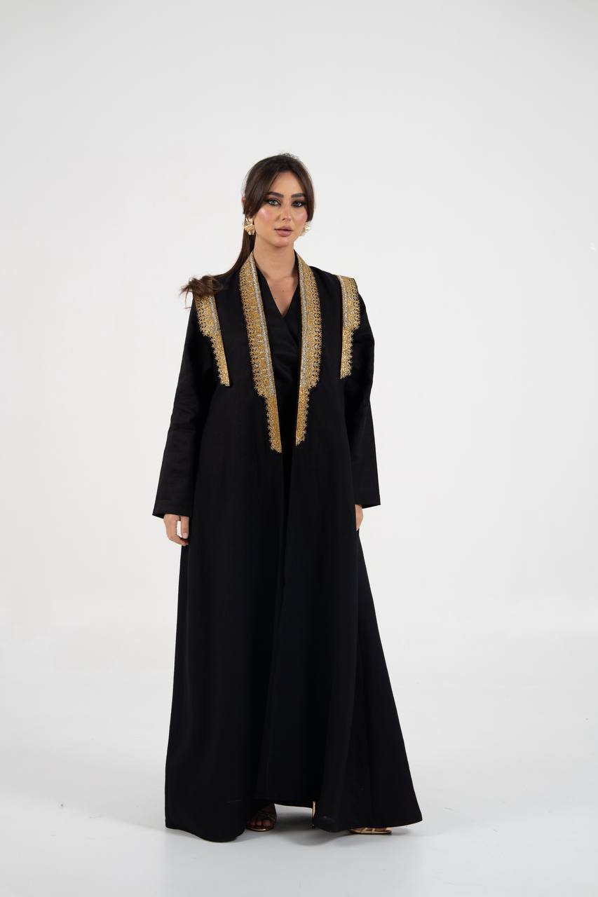 Linen abaya in black with embroidery