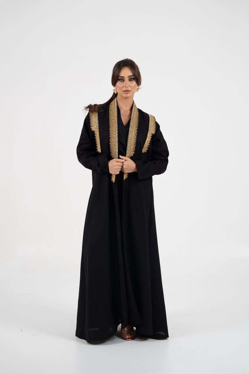 Linen abaya in black with embroidery