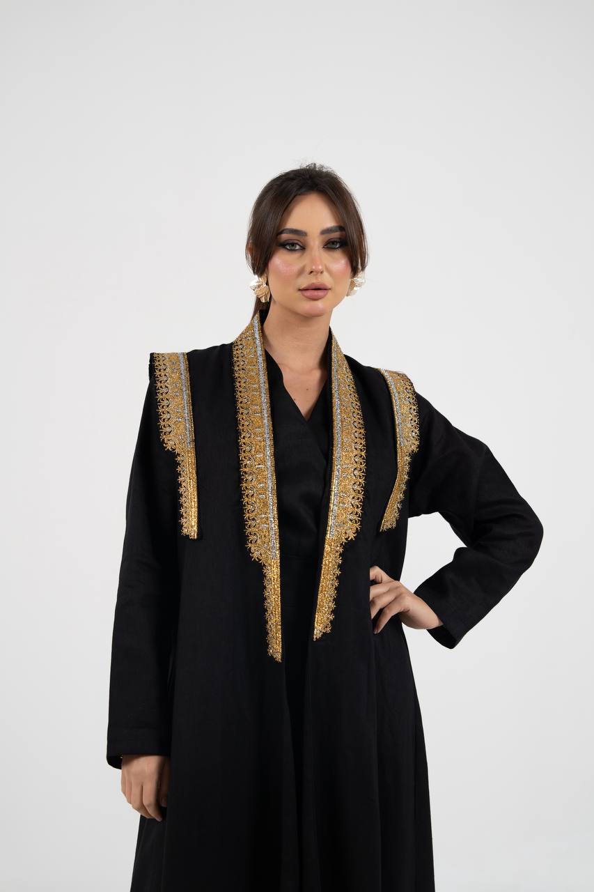 Linen abaya in black with embroidery