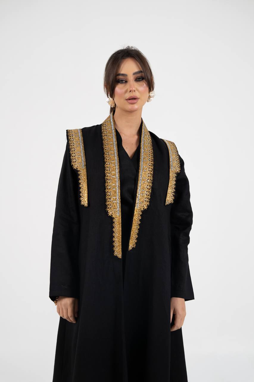 Linen abaya in black with embroidery