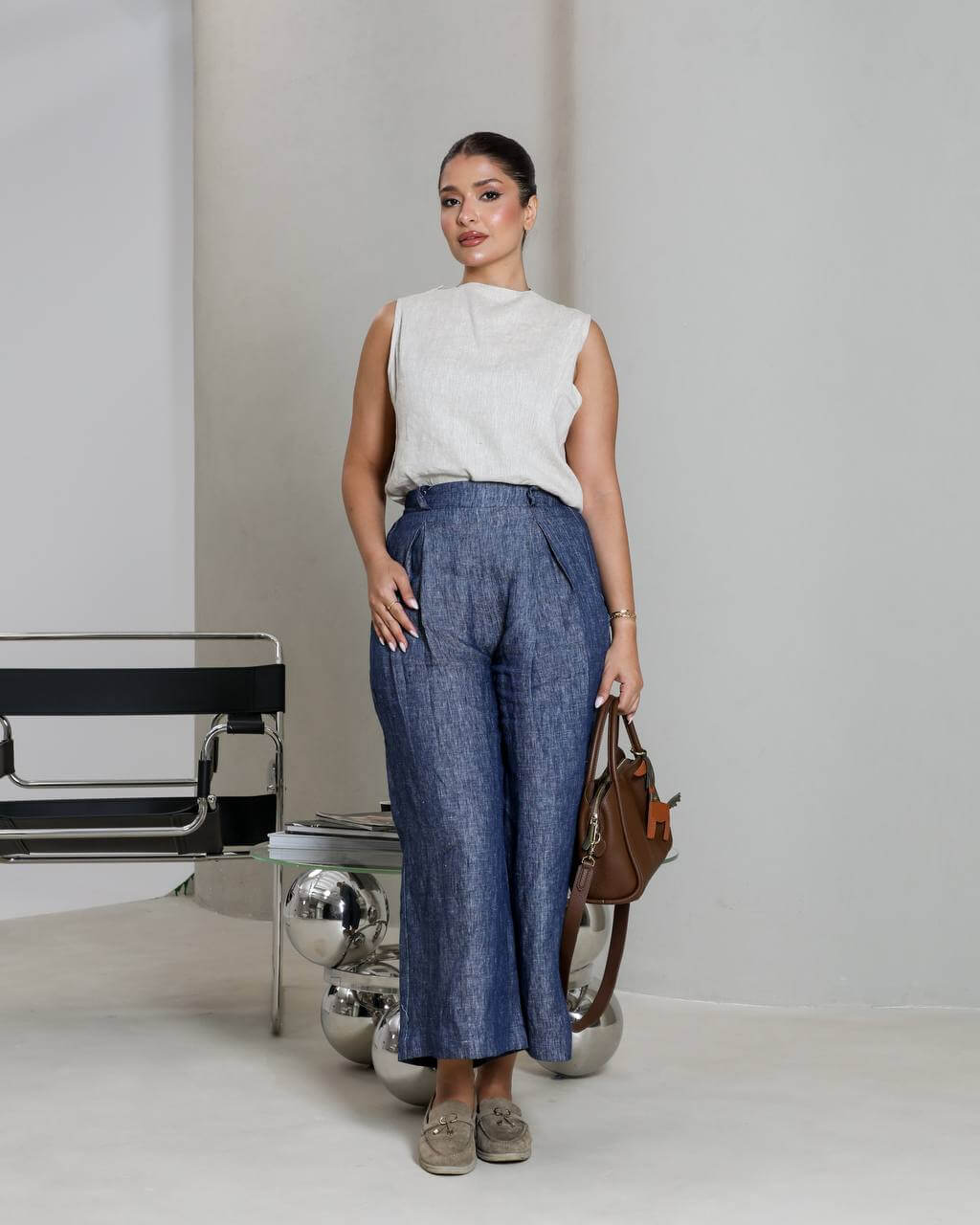 Natural linen pants and blouse set.