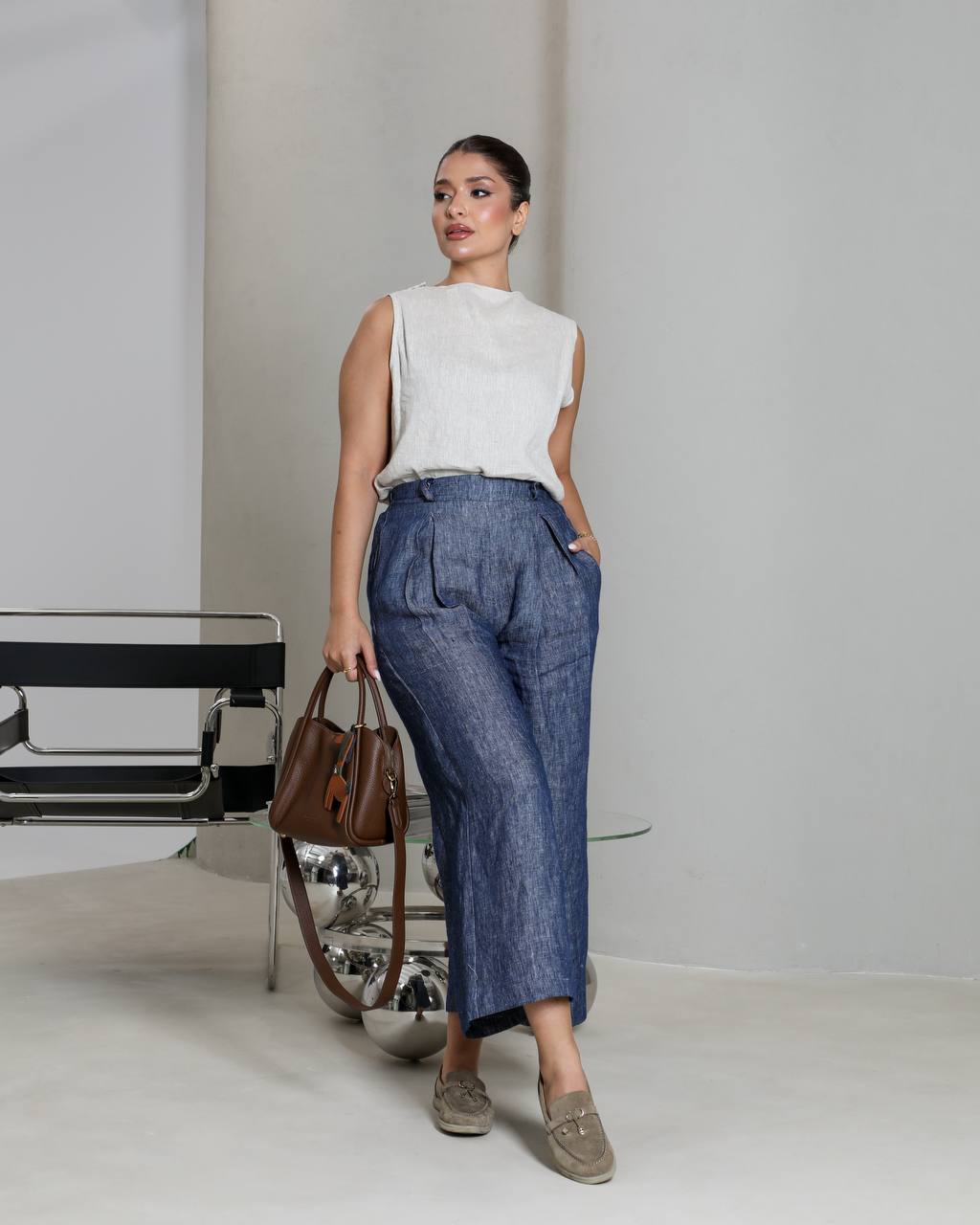 Natural linen pants and blouse set.