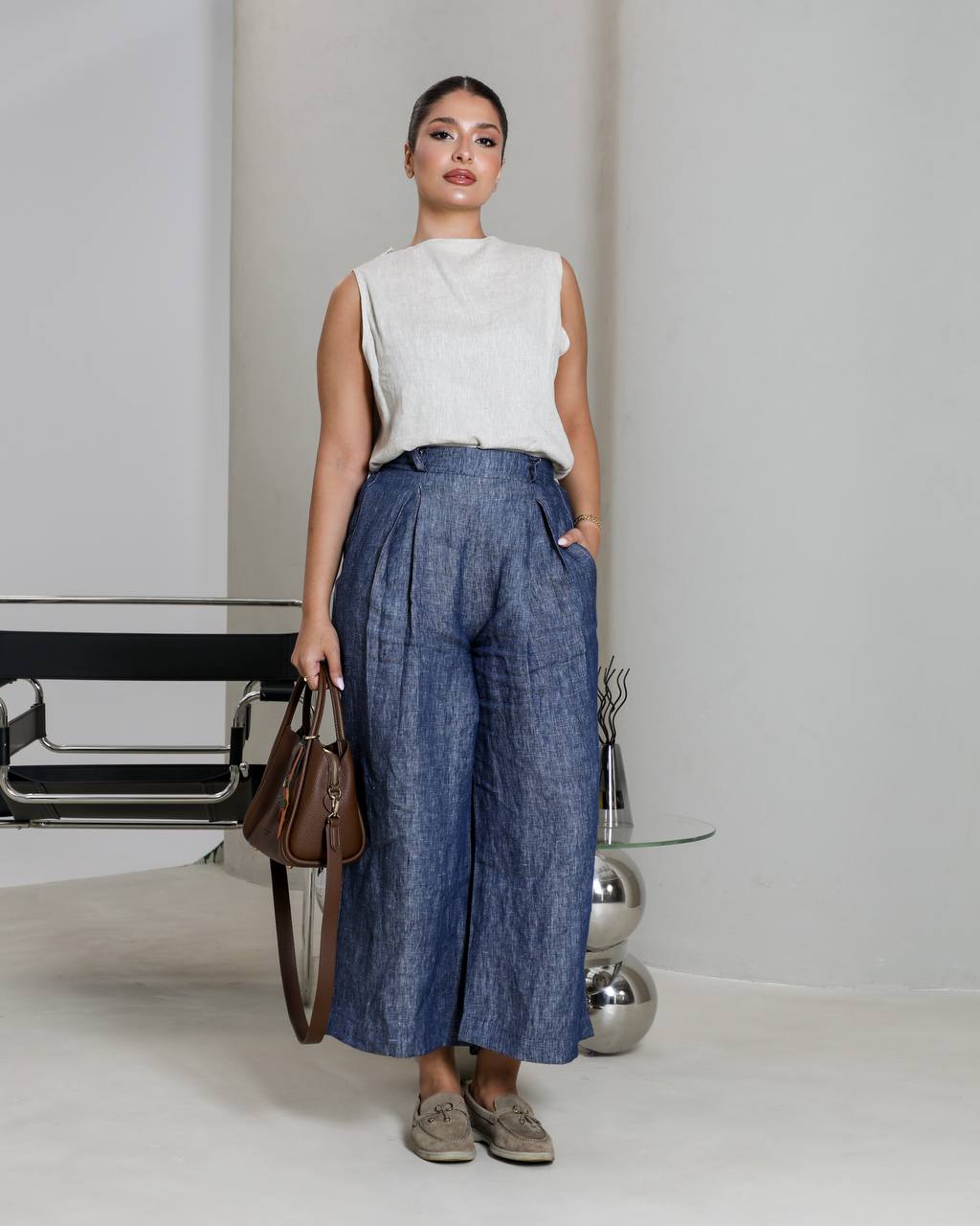Natural linen pants and blouse set.
