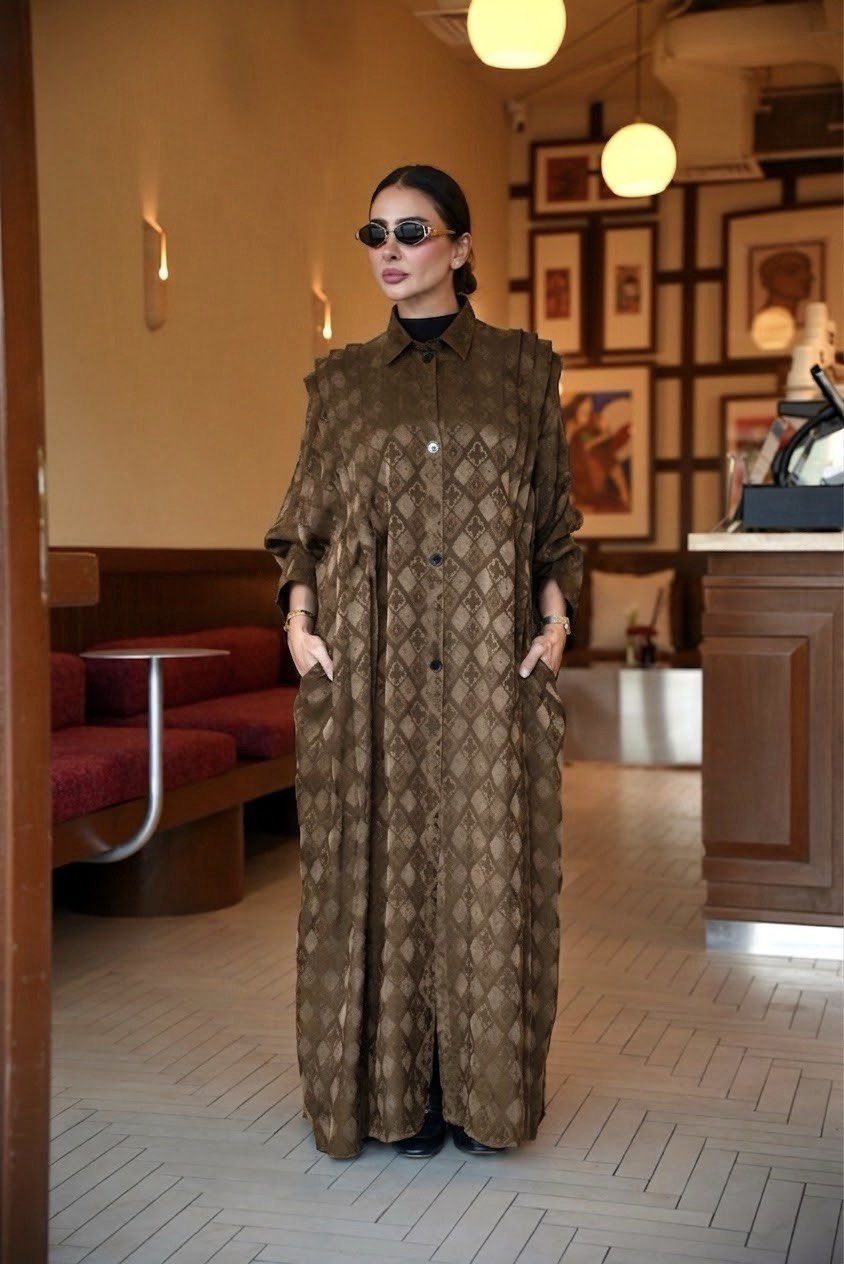 Camel Printed Silk Crepe Abaya-2025