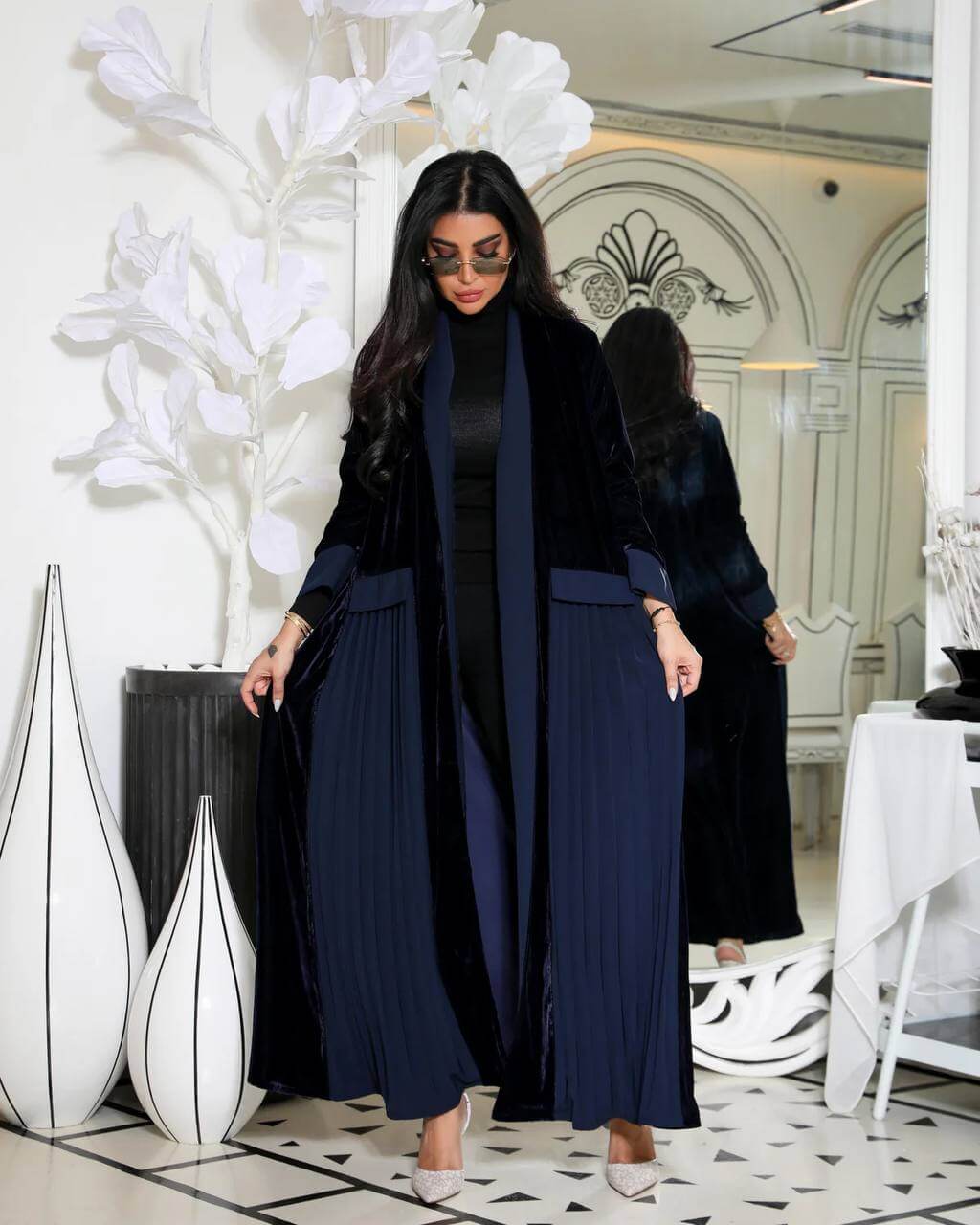 Navy and black velvet abaya