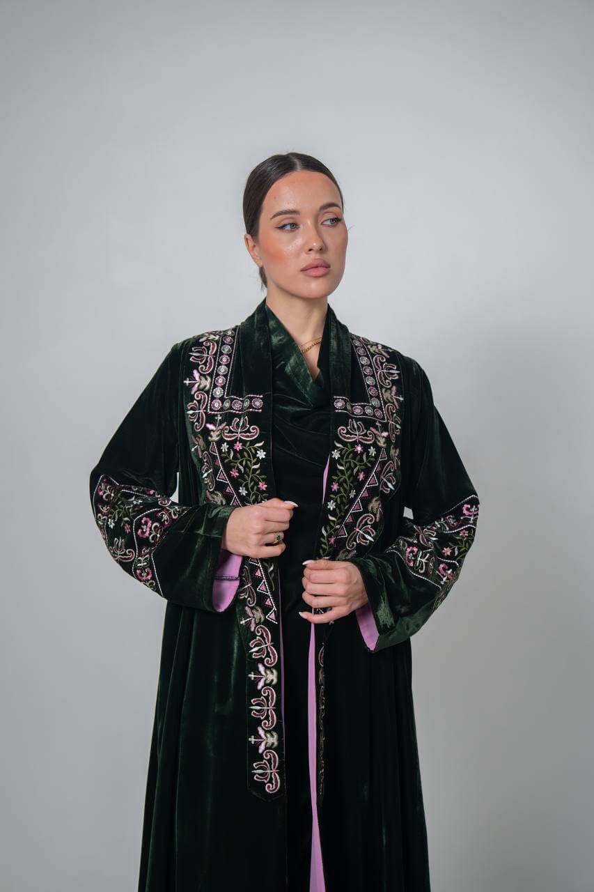 Olive green velvet abaya with unique embroidery
