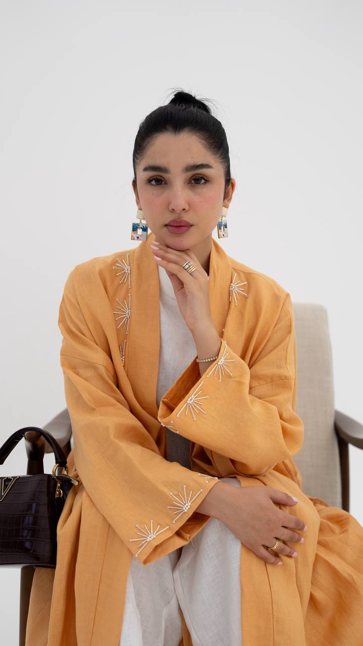 Linen abaya in orange with hand embroidery (1920)