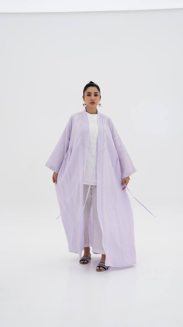 Light purple linen abaya with hand-stitched details (1921)