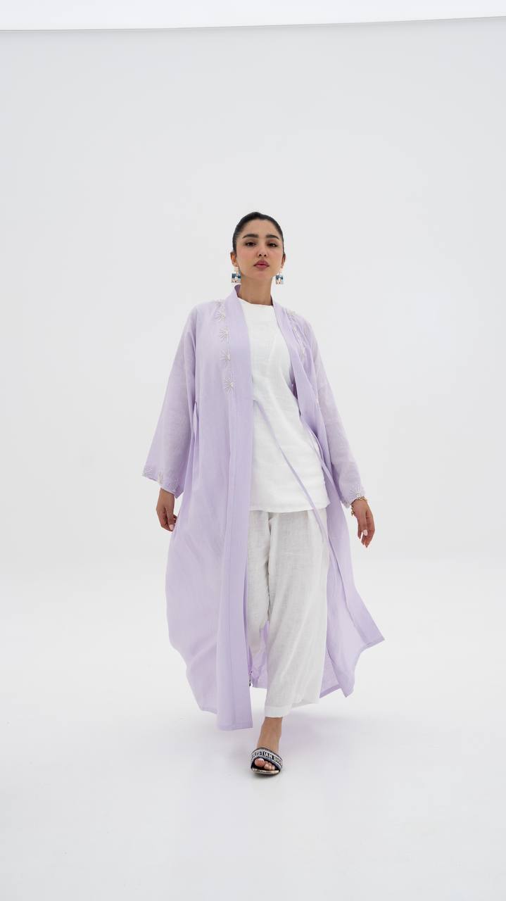 Light purple linen abaya with hand-stitched details (1921)
